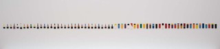 Robert MacPherson, Australia b.1937 / Scale from the tool colour group 1977-78 / Enamel house paint on wooden panels and house-painting brushes / 33 panels ranging from 22.6 x 8.8 x 2cm to 31.7 x 9.5 x 2cm; 33 brushes ranging from 22.5 x 10 x 2cm to 31.5 x 10.3 x 2cm; 65 x 450cm / Purchased 1999. The Queensland Government’s special Centenary Fund / Collection: Queensland Art Gallery | Gallery of Modern Art / © Robert MacPherson