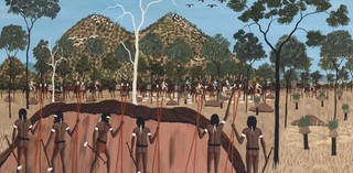 Goobalathaldin Dick Roughsey, Australia 1924-1985 / Strange procession passing by (from 'Jackey Jackey and Kennedy' series) 1983 / Oil on board / 60 x 90cm / Gift of Barbara Blackman through the Queensland Art Gallery Foundation 1998 / Collection: Queensland Art Gallery | Gallery of Modern Art / © 2018 Dick Goobalathaldin Roughsey/Licensed by Copyright Agency