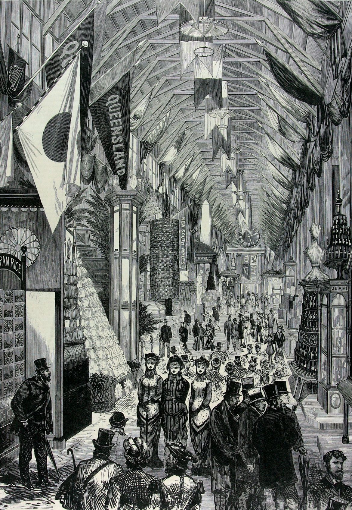 ‘The Central Avenue Looking South’ with the Queensland Court to the left with the fibre and pearl shell trophies at the entrance, Australasian Sketcher, Oct 1880 / Courtesy: Museums Victoria