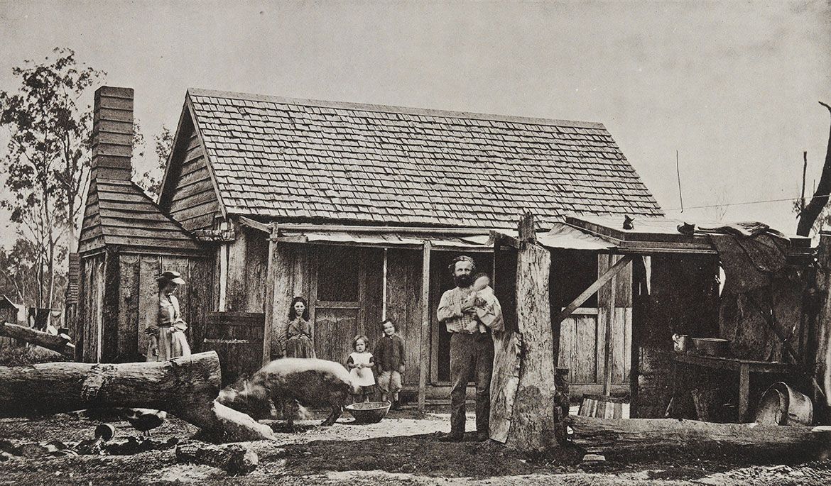 Richard Daintree, England/Australia 1832-78 / (Free selector’s slab hut) (no. 12 from ‘Images of Queensland’ series) c.1870 / Autotype on paper / 10.1 x 16.5cm (comp.) / Purchased 2009 with funds raised through the QAG Foundation 30th Anniversary Appeal / Collection: Queensland Art Gallery | Gallery of Modern Art
