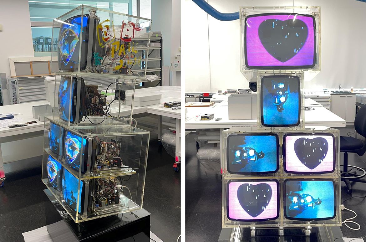 Installing and testing Nam June Paik’s TV cello 2000 in the Gallery’s Conservation lab