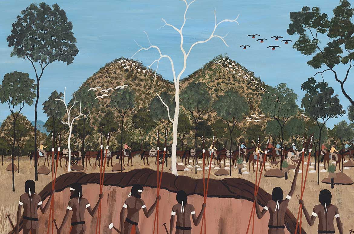 Goobalathaldin Dick Roughsey, Lardil people, Australia 1924-85 / Strange procession passing by (from ‘Jackey Jackey and Kennedy’ series) 1983 / Oil on board / 60 x 90cm / Gift of Barbara Blackman through the Queensland Art Gallery Foundation 1998 / Collection: Queensland Art Gallery | Gallery of Modern Art / © Dick Roughsey Estate / Copyright Agency