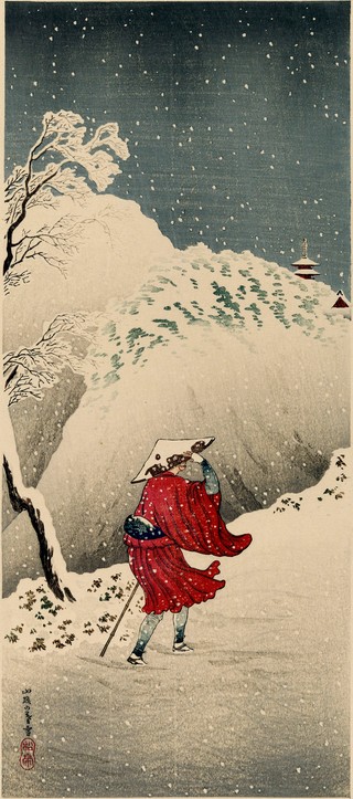 Takahashi Hiroaki, Japan 1871-1945 / Figure with snow falling (Sangaku no bosetsu) date unknown / Colour woodblock print on paper / Gift of Emeritus Professor Joyce Ackroyd, OBE 1990 / Collection: Queensland Art Gallery