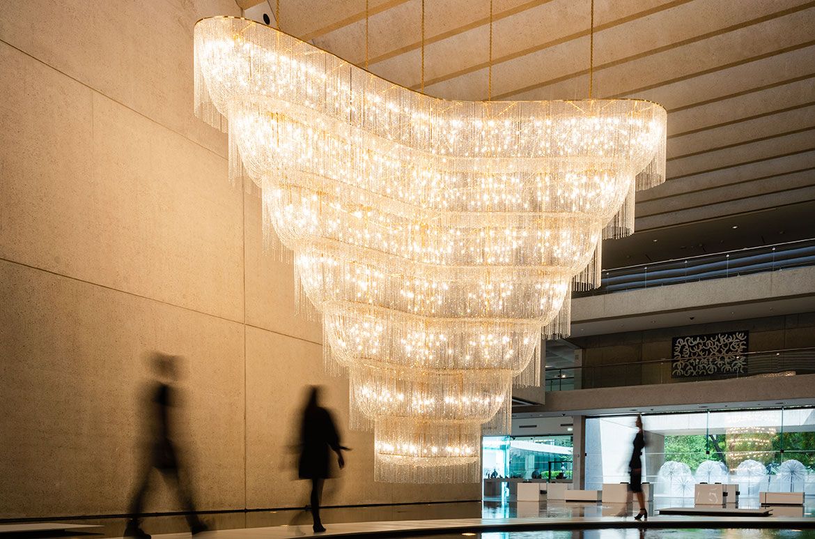 Ai Weiwei, China b.1957 / Boomerang 2006 / Glass lustres, plated steel, electric cables, LED lamps / 700 x 860 x 290cm / Gift of the artist through the Queensland Art Gallery Foundation 2007 / Collection: Queensland Art Gallery | Gallery of Modern Art / © Ai Weiwei