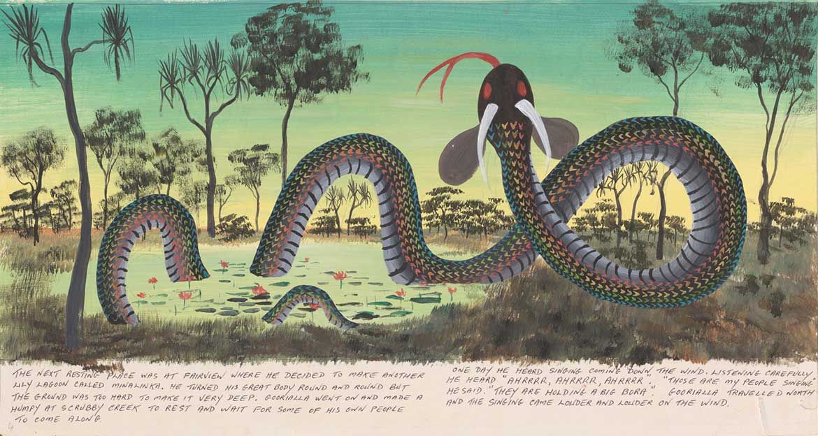 Goobalathaldin Dick Roughsey and Percy Trezise / The next resting place was at Fairview where he decided to make another lily lagoon called Minalinka… (from ‘Rainbow Serpent Illustrations’) 1974 / Synthetic polymer paint / 25.4 x 48cm (framed) / Collection: Fryer Library, The University of Queensland Library / © Goobalathaldin Dick Roughsey/Copyright Agency, 2019. Estate of Percy Trezise