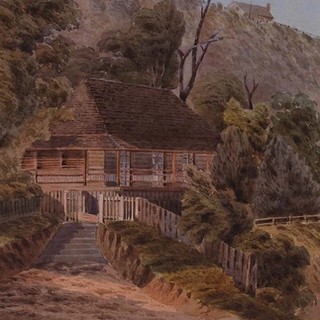 George Seymour Owen, England/Australia 1844-1921 / House under Bowen Terrace, Brisbane 1889 / Watercolour over pencil on paper / 21 x 31.6cm (comp.) / Purchased 1999 with funds from Miss Betty Quelhurst through the QAG Foundation / Collection: Queensland Art Gallery | Gallery of Modern Art