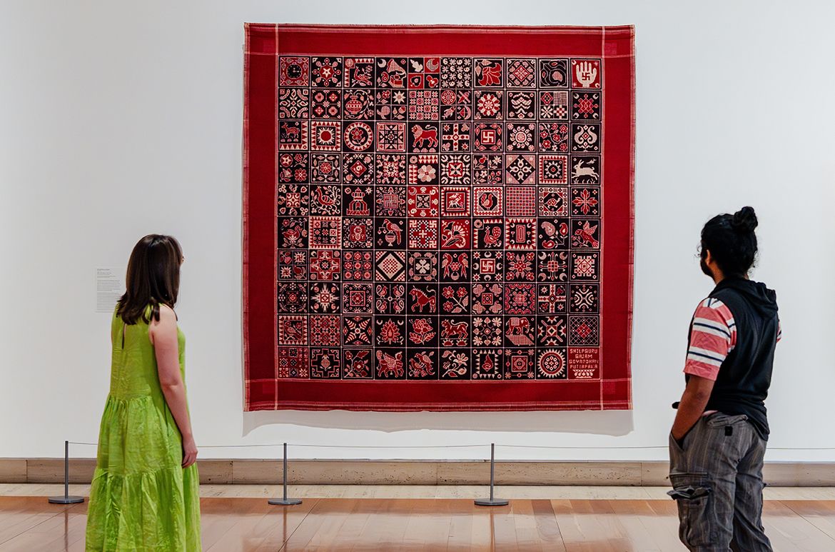 Gajam Govardhan’s award-winning 100 motif telia rumal 2011, installed for the first rotation of ‘I Can Spin Skies’, QAG, Nov 2023 / Gift of Dana McCown through the Queensland Art Gallery | Gallery of Modern Art Foundation 2020 / © QAGOMA / Photograph: J Ruckli, © QAGOMA
