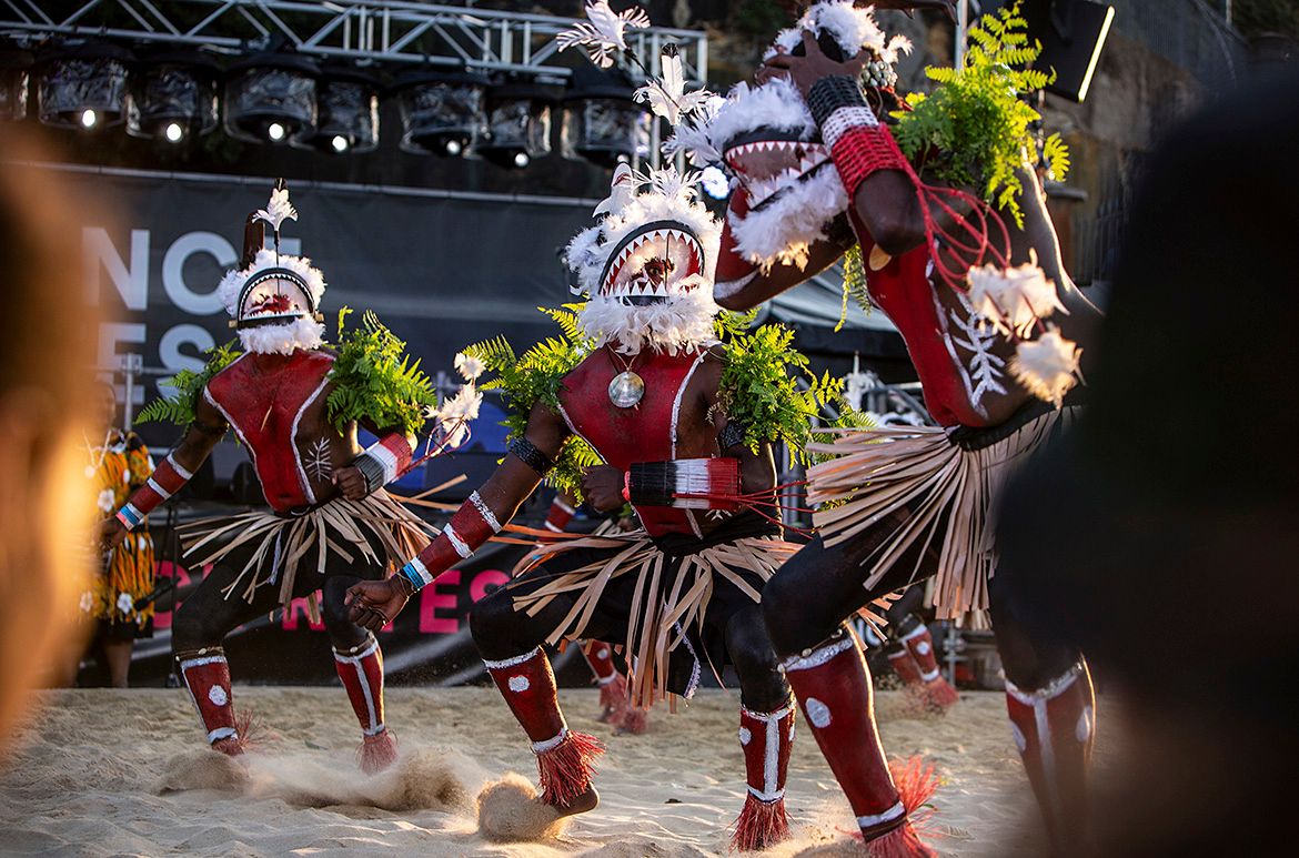Meuram Murray Island Dance Group (from the Meuram nation in the Torres Strait Islands) performing during finals at sundown at Dance Rites 2018 at Sydney Opera House in Sydney, NSW, Australia on Nov. 24, 2018 / Image courtesy: ABC Arts Teresa Tan