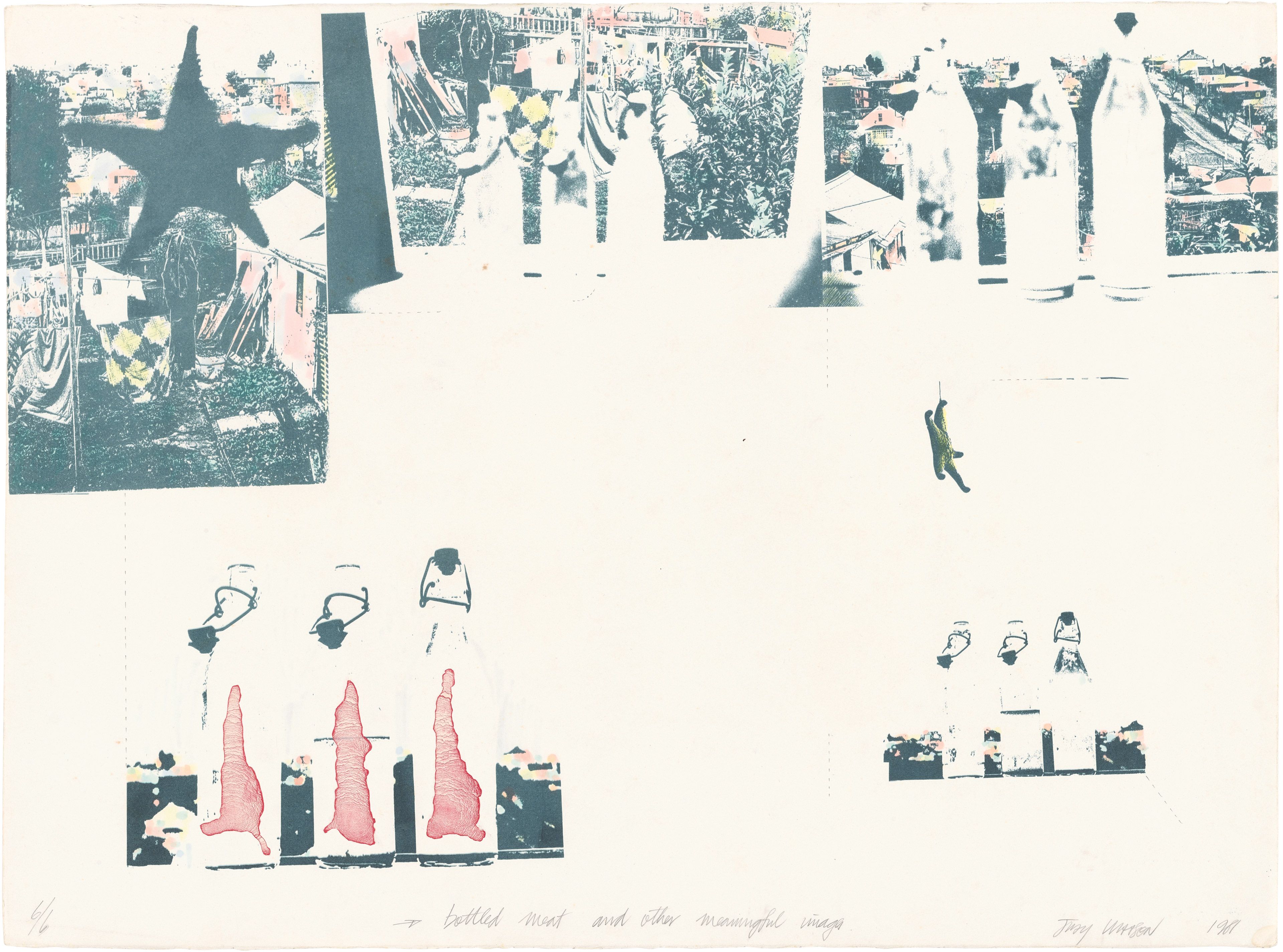 Judy Watson / Waanyi people / Australia b.1959 / Bottled meat and other meaningful images 1981 / photo-lithograph, watercolour and collage on paper, ed. 6/6 / 56.5 x 76.5 cm / Courtesy: The artist and Milani Gallery, Brisbane (Meeanjin/Magandjin)