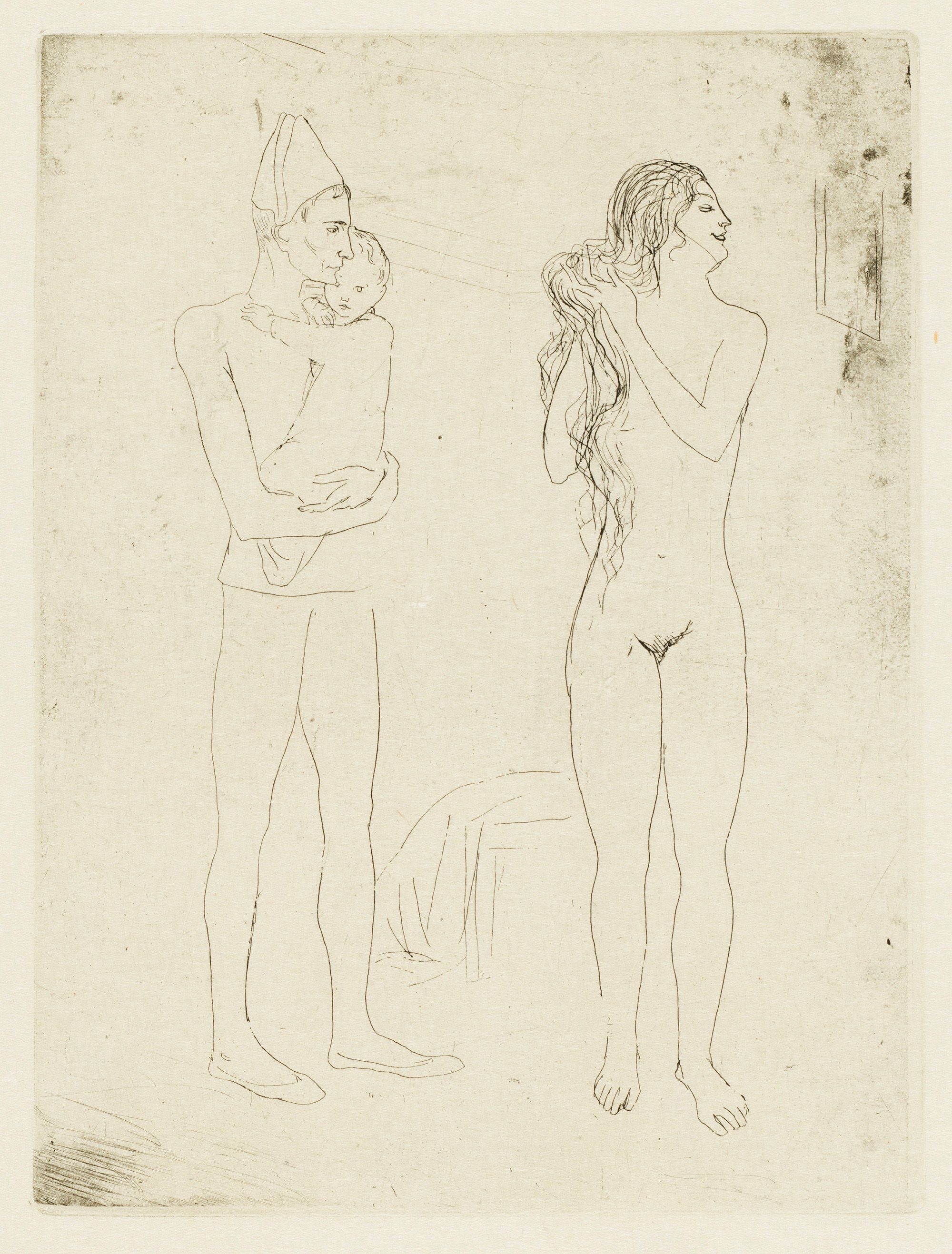Pablo Picasso, Spain 1881–1973 / La Toilette de la Mère (Mother dressing) (from 'La Suite des Saltimbanques' series) 1905, printed 1913 / Etching with scraper on Japon laid paper / 48.7 x 33.5cm / Purchased 2015 with funds from the Airey Family through the QAGOMA Foundation / Collection: Queensland Art Gallery | Gallery of Modern Art / © Succession Picasso/Copyright Agency