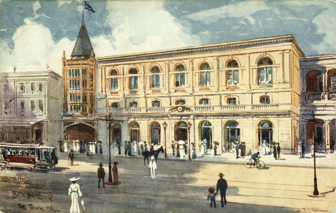 Albert Henry Fullwood, England/Australia 1863-1930 / Street scene featuring Brisbane’s Town Hall c.1895 / Hand coloured postcard / 243944 / Image courtesy: John Oxley Library, State Library of Queensland, Brisbane