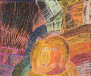 Tommy Mitchell, Ngaanyatjarra people, Australia 1943–2013 / Walu Rockhole Dreaming, Emu Heart, The Boy Who Turned Into Wind 2012 / Synthetic polymer paint on canvas / 101.6 x 121.9cm / The Glenn Manser Collection. Gift of Glenn Manser through the QAGOMA Foundation 2014. Donated through the Australian Government's Cultural Gifts Program / Collection: Queensland Art Gallery | Gallery of Modern Art / © Tommy Mitchell/Copyright Agency