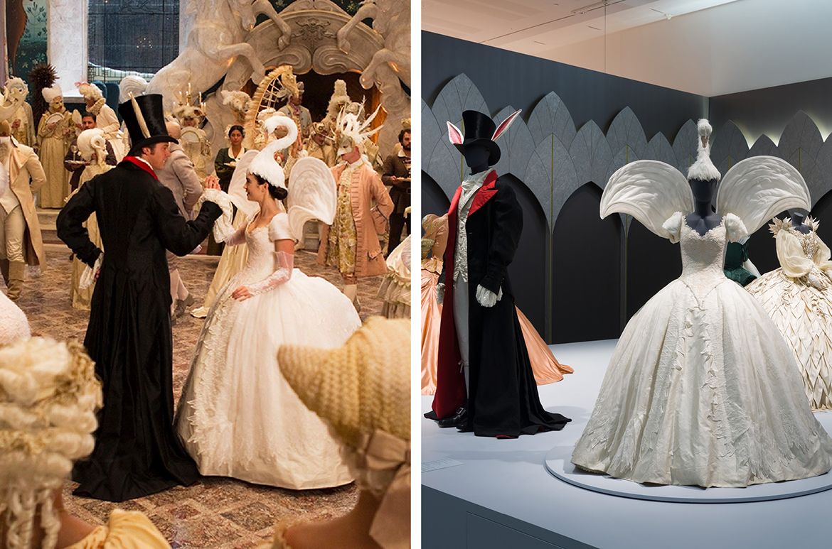 (Left) Production still from Mirror Mirror 2012 / Director: Tarsem Singh / Image courtesy: Roadshow Entertainment / (Right) Tarsem Singh (director), Eiko Ishioka (designer) / ‘Swan dress’ worn by Lily Collins as ‘Princess Snow’ in Mirror Mirror 2012 by Tricorne Costumes (costumier), Silk, synthetic tulle, plastic, metal, nylon, feathers, resin / ‘Rabbit suit’ worn by Armie Hammer as ‘Prince Alcott’ in Mirror Mirror 2012 by Carelli Costumes (costumier), Silk, polyester, cotton, silk jacquard, synthetic fur, synthetic velvet, leather, rhinestones / Installed in ‘Fairy Tales’, Gallery of Modern Art (GOMA), Brisbane 2023 / Collection: The Academy Museum of Motion Pictures, Los Angeles / Photograph: C Callistemon © QAGOMA