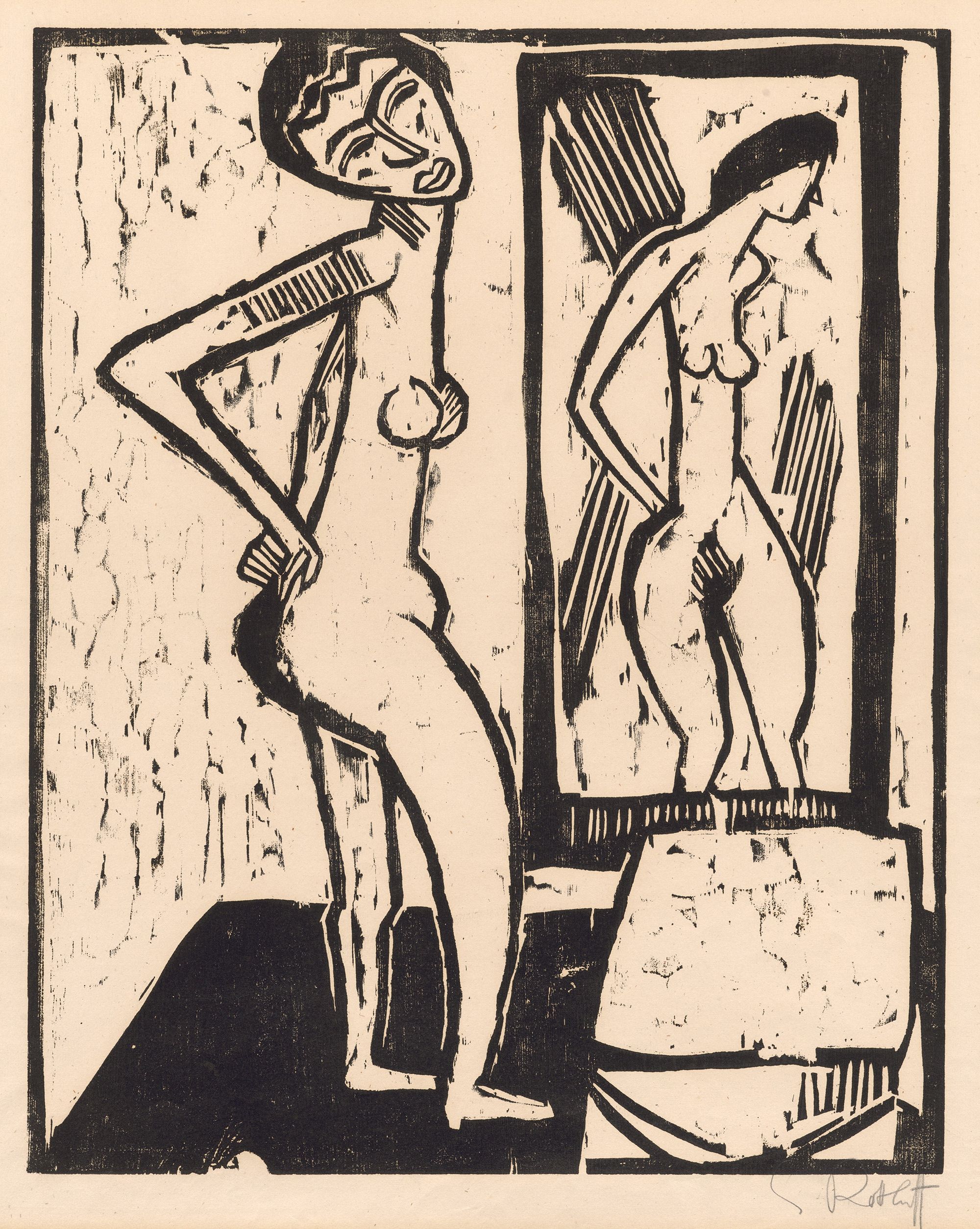 Karl Schmidt-Rottluff, Germany 1884–1976 / Mädchen vor dem spiegel (Girl before a mirror) 1914 / Woodcut on paper / 49.8 x 39.9cm / Gift of Timothy North and Denise Cuthbert through the QAGOMA Foundation 2023. Donated through the Australian Government's Cultural Gifts Program / Collection: Queensland Art Gallery | Gallery of Modern Art / © Karl Schmidt-Rottluff/Copyright Agency