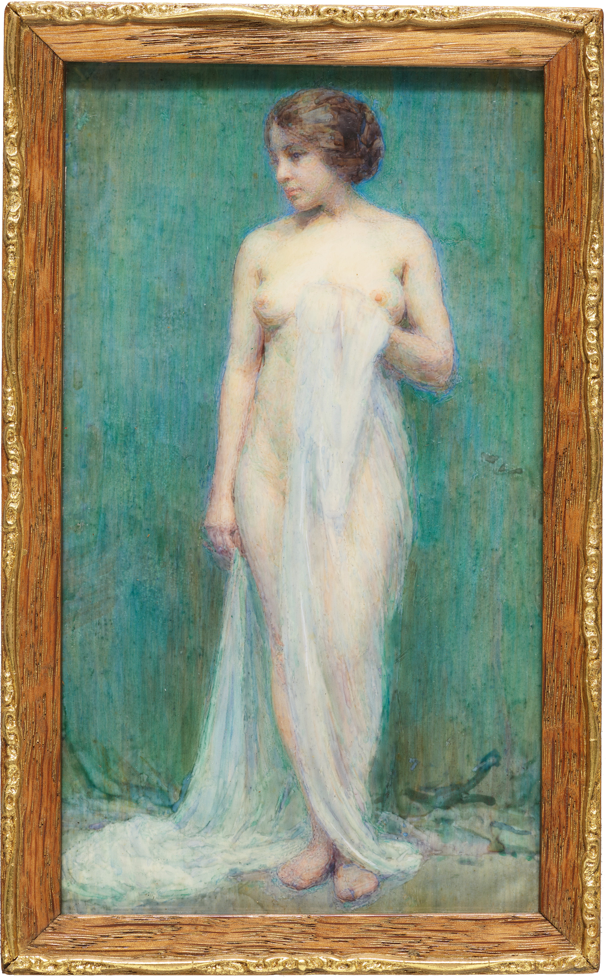 Bessie (Elizabeth Dickson) Gibson, Queensland Australia 16 May 1868–1961 / The model (study of a nude) c.1905-14 / Oil on ivory / 16.6 x 9.5cm;18 x 11.2cm (framed) / Gift of Dr Walter Lockhardt Gibson 1923 / Collection: Queensland Art Gallery | Gallery of Modern Art / © Bessie Gibson Estate