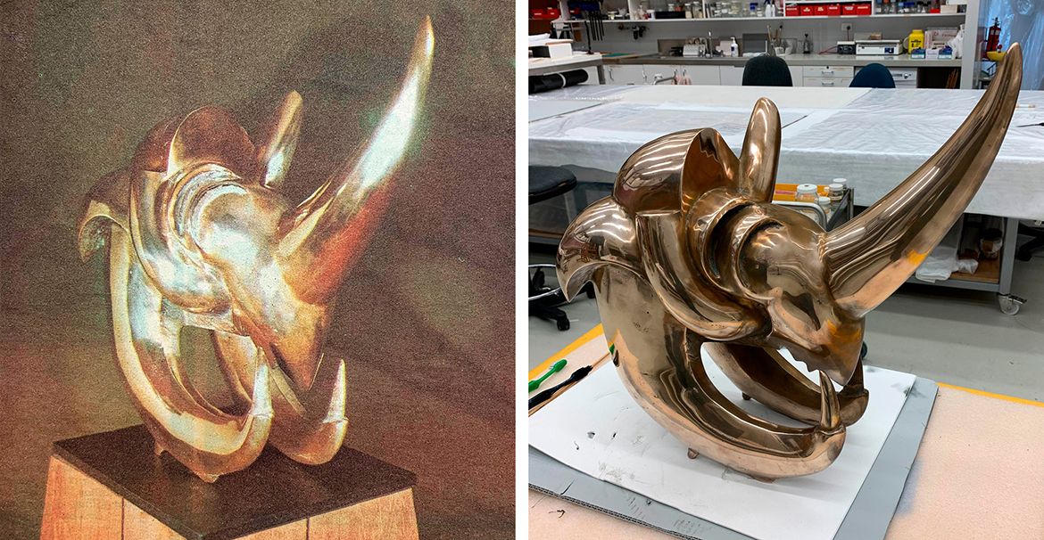(Left) Rhinoceros head reproduced in The Sunday Mail, Brisbane 1 Jan 1978 / (Right) unpolished head before conservation
