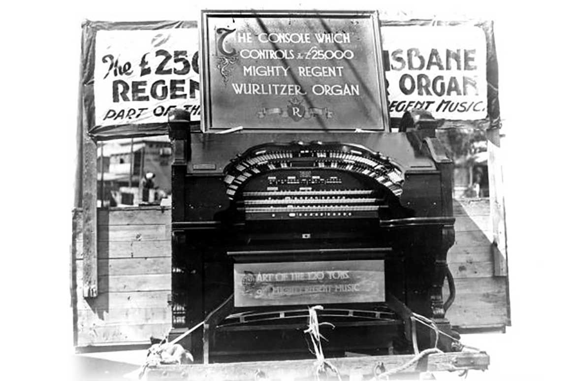 The Wurlitzer console unpacked at the Brisbane premises of Whitehouse Bros, 1929.