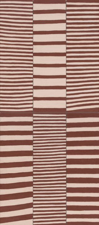 Joel Ngallametta, Kugu-Muminh/Kugu-Uwanh people, Australia 1966-2019 / Thap Yonk 4 2018 / Natural pigments and synthetic polymer paint on canvas / Six panels: 121 x 35cm (each); 242 x 105cm or 121 x 210cm (installed) / Acc. 2019.156a-f /Purchased 2019. Queensland Art Gallery | Gallery of Modern Art Foundation / Collection: Queensland Art Gallery | Gallery of Modern Art / © Estate of Joel Ngallametta