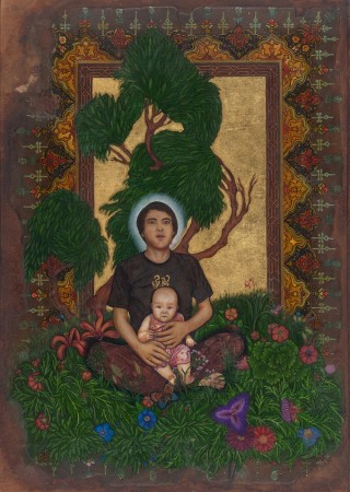 Amin Taasha, Afghanistan/Indonesia b.1995 / Hafiz in diaspora 2021 / Watercolour, gouache and gold leaf on book cover / 42 x 30cm (approx.) / The Taylor Family Collection. Purchased 2022 with funds from Paul, Sue and Kate Taylor through the QAGOMA Foundation / Collection: Queensland Art Gallery | Gallery of Modern Art / © Amin Taasha