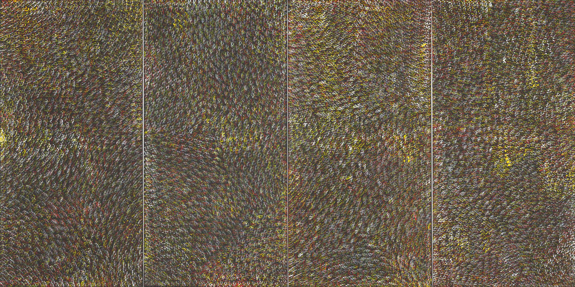 Maxie Tjampitjinpa, Warlpiri people, Australia c.1945–97 / Bushfire Dreaming 1992 / Synthetic polymer paint on canvas / Four panels:183.8 x 91.7cm (each) / Purchased 1993 / Collection: Queensland Art Gallery | Gallery of Modern Art / © Maxie Tjampitjinpa/Licensed by Aboriginal Artists Agency