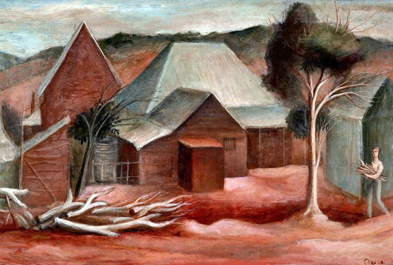 Margaret Olley, Queensland/Australia 1923–2011 / Woodsman's house 1948 / Oil on pulpboard / 44 x 64cm / Gift of Paul, Sue and Kate Taylor through the QAGOMA Foundation 2025. Donated through the Australian Government's Cultural Gifts Program / Collection: Queensland Art Gallery | Gallery of Modern Art / © Margaret Olley Art Trust