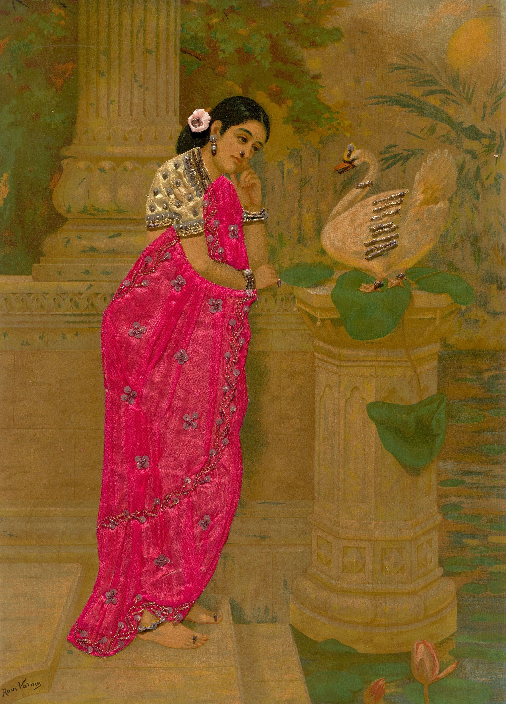 Raja Ravi Varma, India 1848–1906 / Ravi Varma Press / Hans V Damyanti early 20th century / Oleograph with fabric and zardosi embroidery / 50.8 x 35.5cm / Purchased 2024 with funds from the Henry and Amanda Bartlett Trust through the QAGOMA Foundation / Collection: Queensland Art Gallery | Gallery of Modern Art