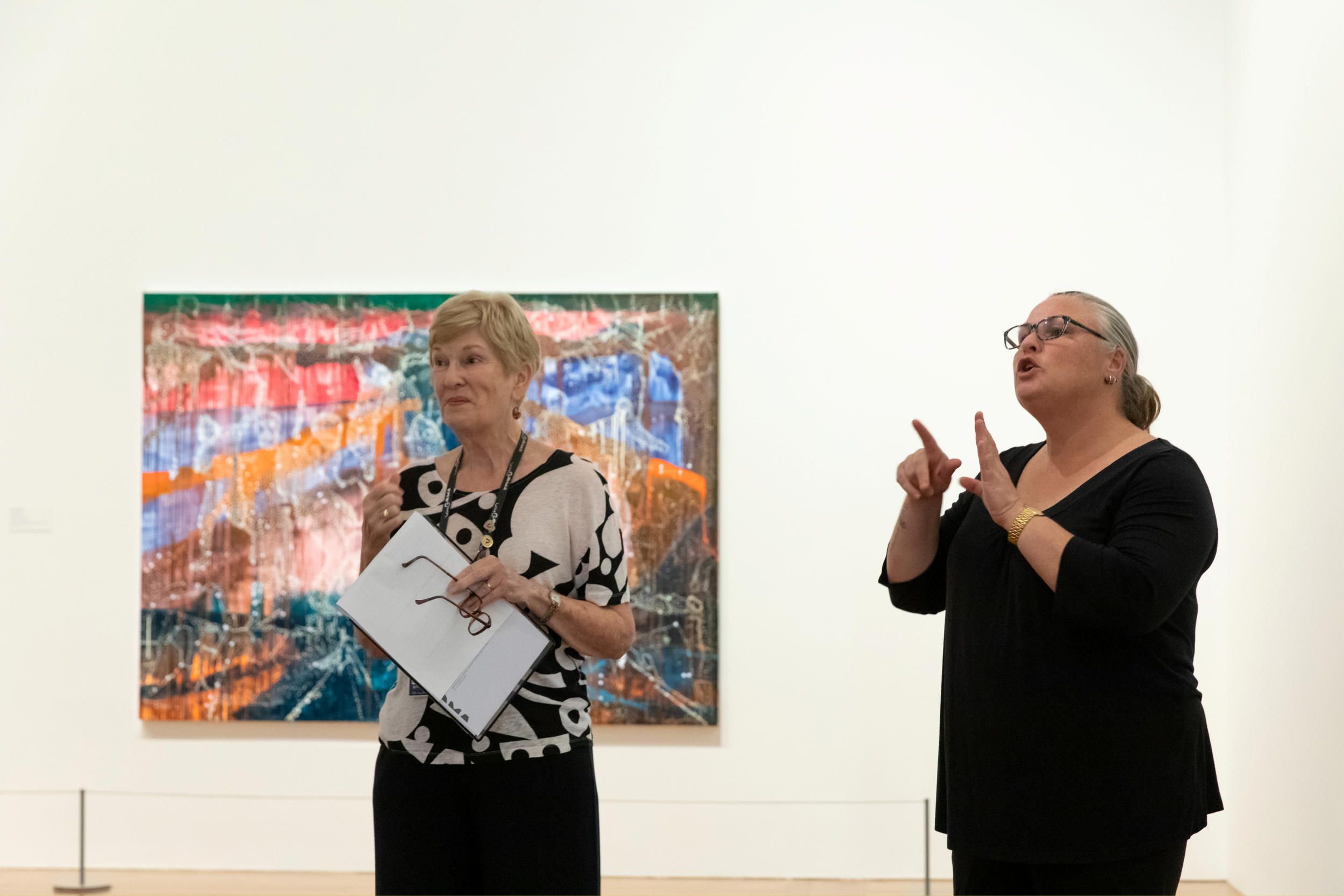 A guided tour with Auslan interpreter for d/Deaf visitors at the Gallery of Modern Art, featuring The bowl 2018 by Jon Cattapan / The James C. Sourris AM Collection. Gift of James C. Sourris AM through the QAGOMA Foundation 2022. Donated through the Australian Government's Cultural Gifts Program / Collection: QAGOMA / © Courtesy: The artist and Milani Gallery, Brisbane. Photograph: C. Baxter