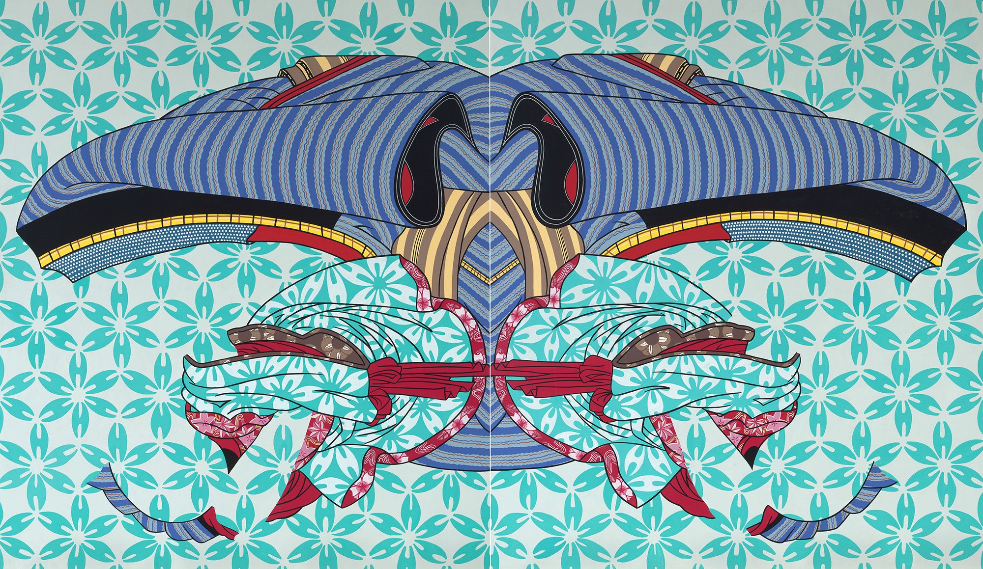 Natalya Hughes, Australia b.1977 / Looking cute 2013 / Synthetic polymer paint on marine ply / Two panels: 140 x 240cm (overall) / The James C. Sourris AM Collection. Gift of James C. Sourris AM through the QAGOMA Foundation 2018. Donated through the Australian Government's Cultural Gifts Program / Collection: Queensland Art Gallery | Gallery of Modern Art / © Natalya Hughes