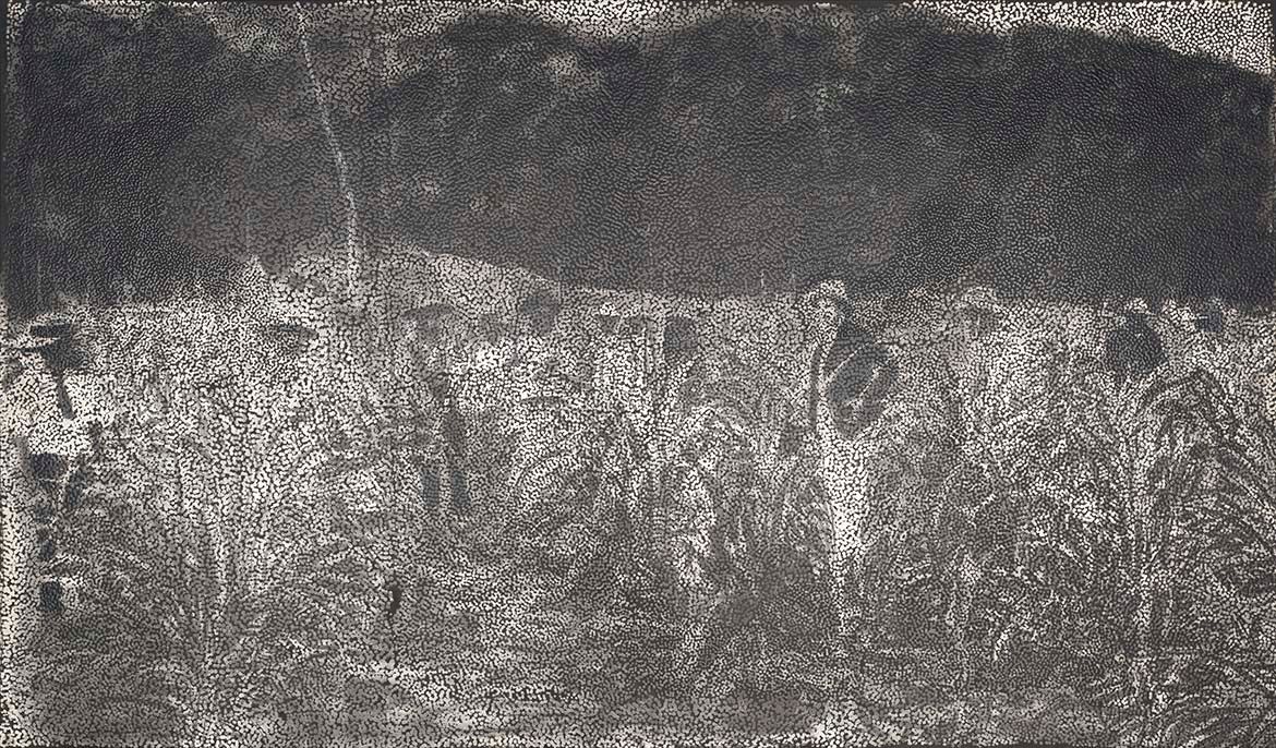 Daniel Boyd , Kudjla/Gangalu people , Australia b.1982 / Untitled (HNDFWMIAFN) 2017 / Oil, charcoal and archival glue on polyester / Purchased 2017 with funds from anonymous donors through the Queensland Art Gallery | Gallery of Modern Art Foundation / Collection: Queensland Art Gallery / © The artist