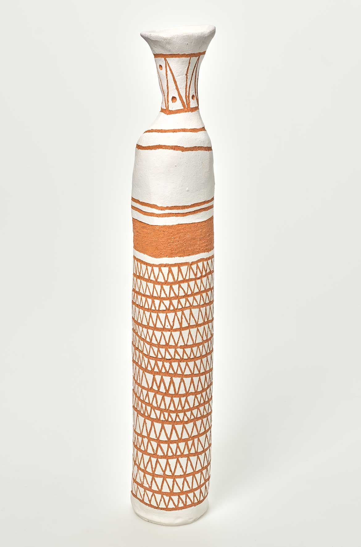 Naomi Hobson, Kaantju/Umpila people, Australia b.1978 / Malkarti Poles (Dancing Poles) 2017 / Hand-built terracotta clay with incised white slip / 65.5 x 10cm (each) / Purchased 2017 with funds from Jane and Michael Tynan through the Queensland Art Gallery | Gallery of Modern Art Foundation / Collection: Queensland Art Gallery | Gallery of Modern Art / © Naomi Hobson