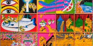 Iman Raad / Iran/United States b.1979 / Days of bliss and woe (detail) 2018 / Synthetic polymer paint on plywood and timber / 115 panels: 121.9 x 121.4cm (each); two panels: 121.9 x 121.4cm (irreg., each); two panels: 121.9 x 18.8cm (each); two panels: 121.9 x 42cm (each); one panel: 36.9 x 121.4cm; 44 pieces: 130.5 x 4 x 4cm (each); eight pieces: 126.5 x 4 x 4cm (each); 265 pieces: 122.5 x 4 x 4cm (each) / Purchased 2018 with funds from Tim Fairfax AC through the Queensland Art Gallery | Gallery of Modern Art Foundation / Collection: Queensland Art Gallery | Gallery of Modern Art / © Iman Raad