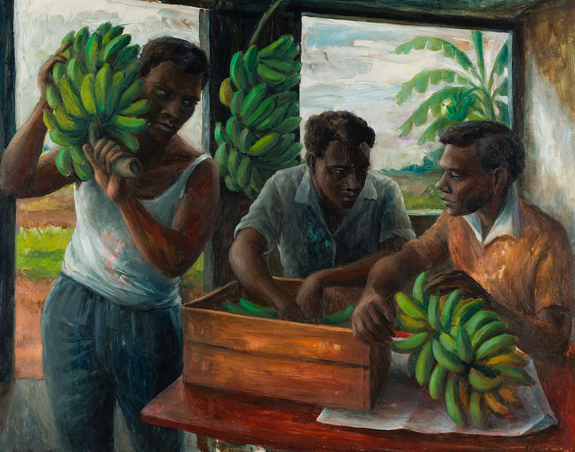 Margaret Olley, Australia 1923-2011 / The banana cutters 1963 / Oil on board / 95 x 121cm / Purchased 2014 with funds from Drs Philip and Lenna Smith through the QAGOMA Foundation / Collection: Queensland Art Gallery | Gallery of Modern Art / © Margaret Olley Art Trust