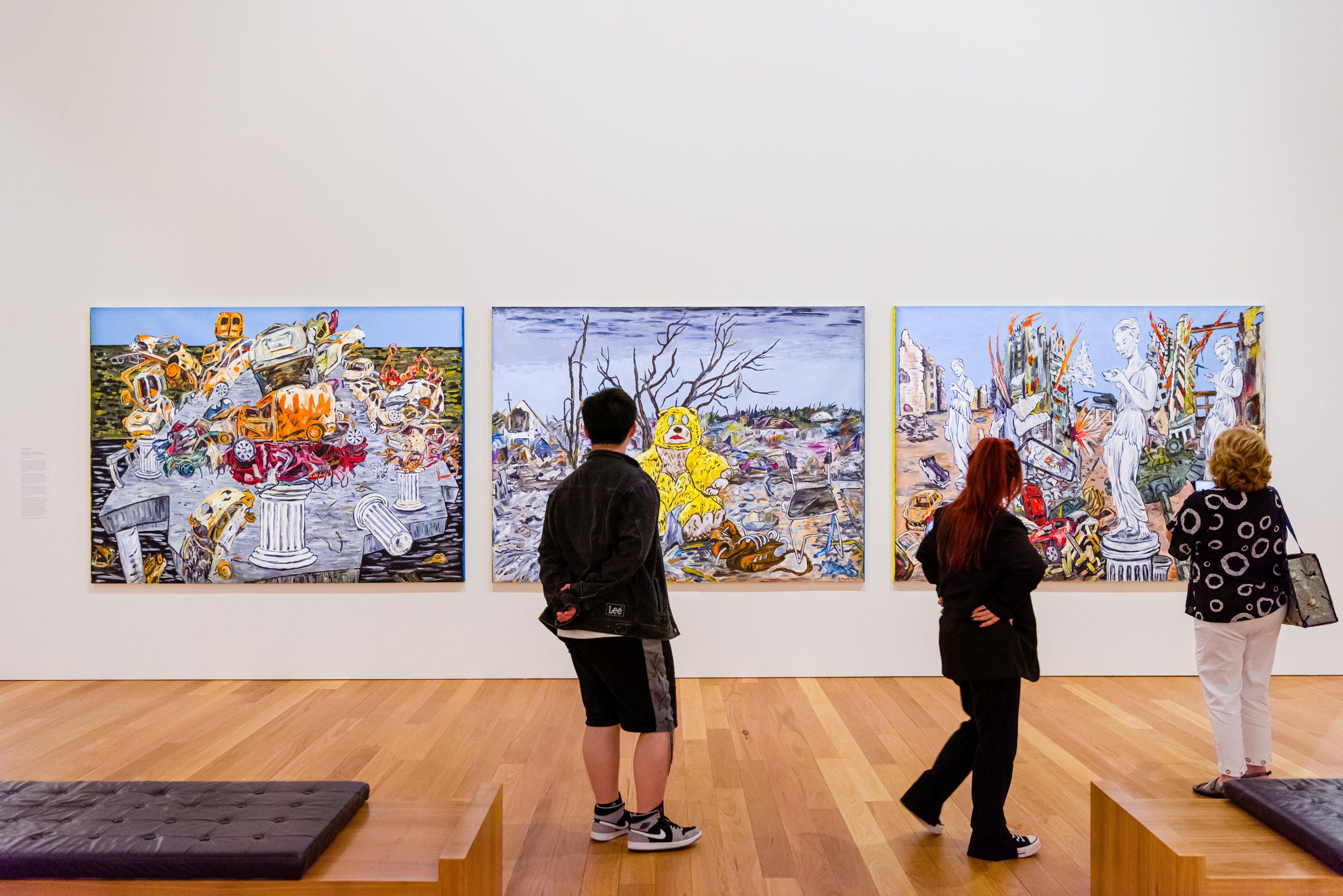 George Gittoes / Australia b.1949 / Victory triptych: Bridge of death Irpin, The Russian bear, Through the glass (installation view) 2022 / Synthetic polymer paint on canvas / Courtesy: the artist and Mitchell Fine Art 