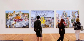 George Gittoes / Australia b.1949 / Victory triptych: Bridge of death Irpin, The Russian bear, Through the glass (installation view) 2022 / Synthetic polymer paint on canvas / Courtesy: the artist and Mitchell Fine Art 