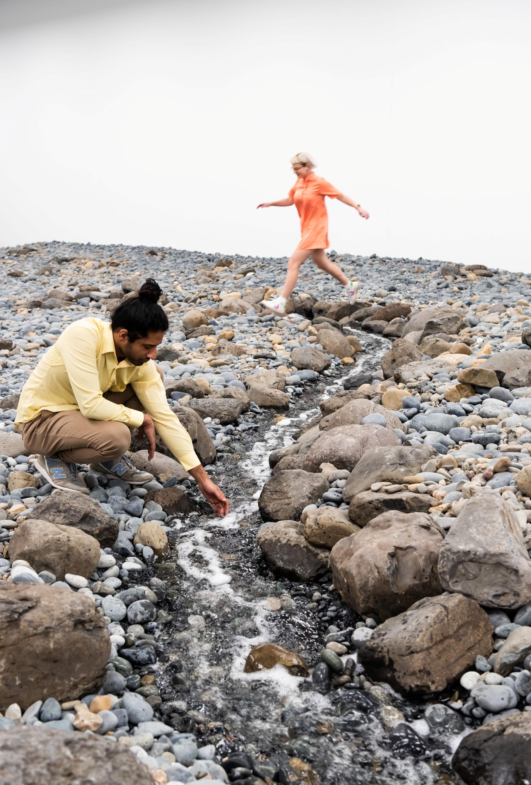 Olafur Eliasson, Denmark b.1967 / Riverbed 2014 (installation view, GOMA, 2019) / Water, rock (volcanic stones [blue basalt, basalt, lava], other stones, gravel, sand), wood, steel, plastic sheeting, hose, pumps / Purchased 2021. The Josephine Ulrick and Win Schubert Charitable Trust. Collection: The Josephine Ulrick and Win Schubert Charitable Trust, QAGOMA / Collection: Queensland Art Gallery | Gallery of Modern Art / © 2014 Olafur Eliasson / Photograph: N Harth © QAGOMA