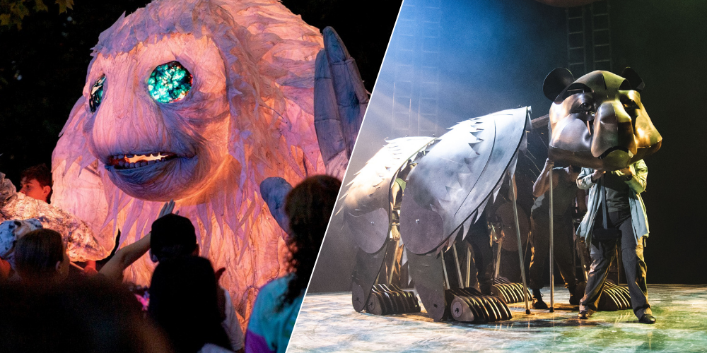 Left: Fauna puppet by Erth Visible & Physical Inc for SofT foREST performances, 2025 / Photograph: Leo Infantas / Right: Bear puppet by Dead Puppet Society from Holding Achilles, Brisbane Festival, 2022 / Photograph: Dean Hanson