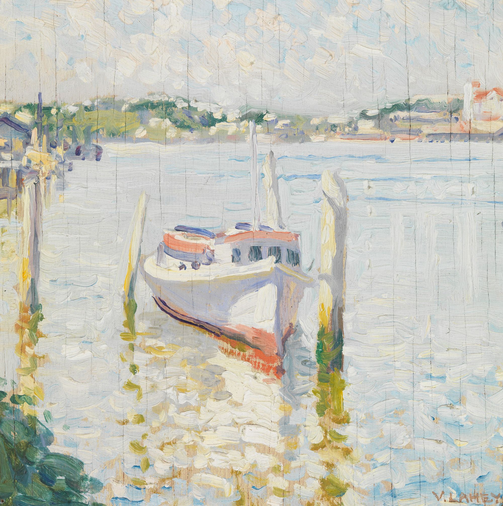 Vida Lahey, Australia 1882-1968 / Morning light, Brisbane River c.1925-30 / Oil on three-ply board / 19 x 19cm (sight) / Purchased 2012. QAG Foundation / Collection: Queensland Art Gallery | Gallery of Modern Art / © QAGOMA