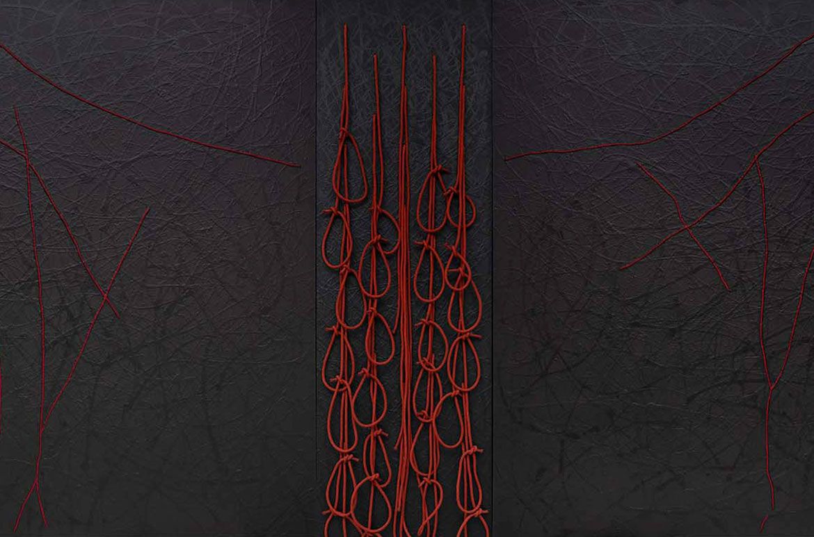 Gordon Bennett, Australia 1955–2014 / Bloodlines 1993 / Synthetic polymer
paint and rope on canvas on wood / Triptych: 182 x 420cm (overall) / Purchased 2019 with funds from the Neilson Foundation through the Queensland Art Gallery | Gallery of Modern Art Foundation / Collection: Queensland Art Gallery | Gallery of Modern Art / © Estate of Gordon Bennett