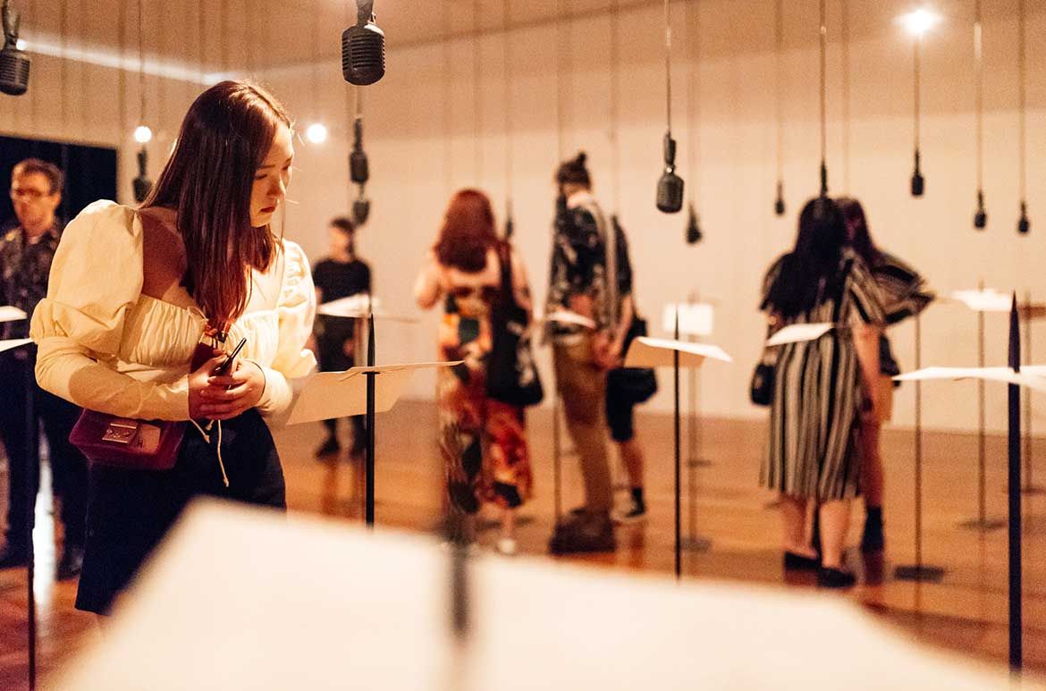 Shilpa Gupta, India b.1976 / For, In Your Tongue, I Can Not Fit 2017–18 / Site-specific sound installation with 100 speakers, microphones, printed text and metal stands / Co-commissioned by Yarat Contemporary Art Space, Baku and Edinburgh Arts Festival with additional support from QAGOMA / © Shilpa Gupta / Courtesy: The artist and Galleria Continua (San Gimignano, Beijing, Les Moulins, Habana)