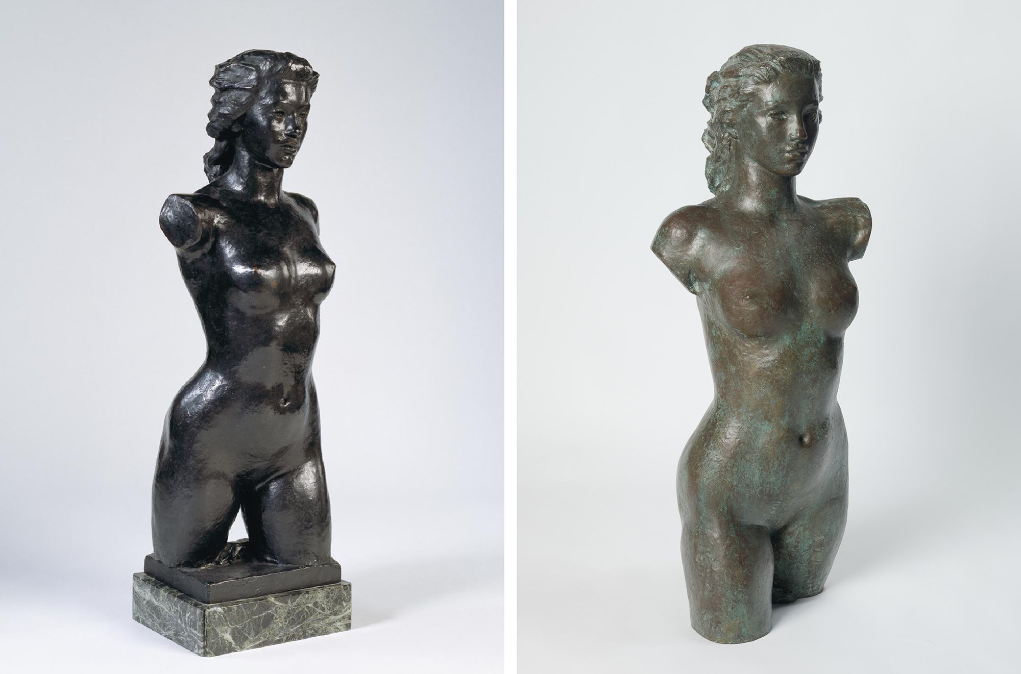(l-r) Daphne Mayo, Australia 1895–1982 / The Olympian c.1941, cast 1949 / Bronze / 108.1 × 37.9 × 28.2 cm / Felton Bequest, 1949 / Collection: National Gallery of Victoria, Melbourne / Olympian c.1946, cast after 1958 / Bronze / 94.5 x 31.5 x 23 cm / Purchased 1979 / Collection: Queensland Art Gallery | Gallery of Modern Art / © Surf Lifesaving Foundation and The United Church in Australia Property Trust (Q.)