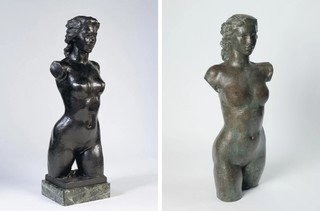(l-r) Daphne Mayo, Australia 1895–1982 / The Olympian c.1941, cast 1949 / Bronze / 108.1 × 37.9 × 28.2 cm / Felton Bequest, 1949 / Collection: National Gallery of Victoria, Melbourne / Olympian c.1946, cast after 1958 / Bronze / 94.5 x 31.5 x 23 cm / Purchased 1979 / Collection: Queensland Art Gallery | Gallery of Modern Art / © Surf Lifesaving Foundation and The United Church in Australia Property Trust (Q.)