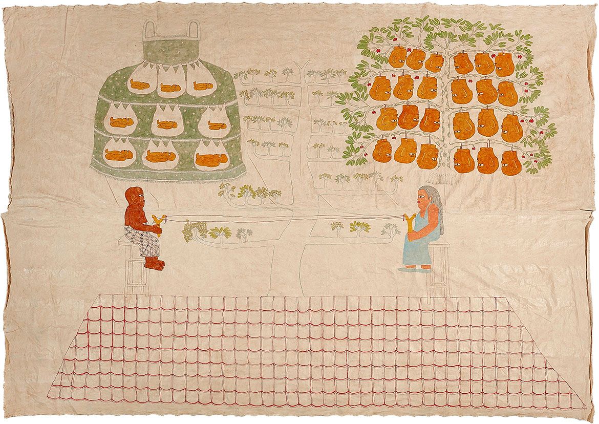 Jumaadi, Indonesia/Australia b.1973 / Slingshot (the tree of life is the tree of death) 2021 / Synthetic polymer paint on cotton cloth primed with rice paste / 310 x 382cm / © Jumaadi / Courtesy: The artist; Jan Manton Gallery, Brisbane; and King Street Gallery, Sydney