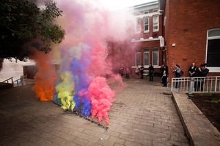Rebecca Baumann | Australia b.1983 | Improvised smoke device 2010 | Five minute performance, 825m3 | coloured smoke, aluminium, foil, wire, black powder, quick match fuse, detonator | Photograph: Bewley Shaylor | Image courtesy: The artist