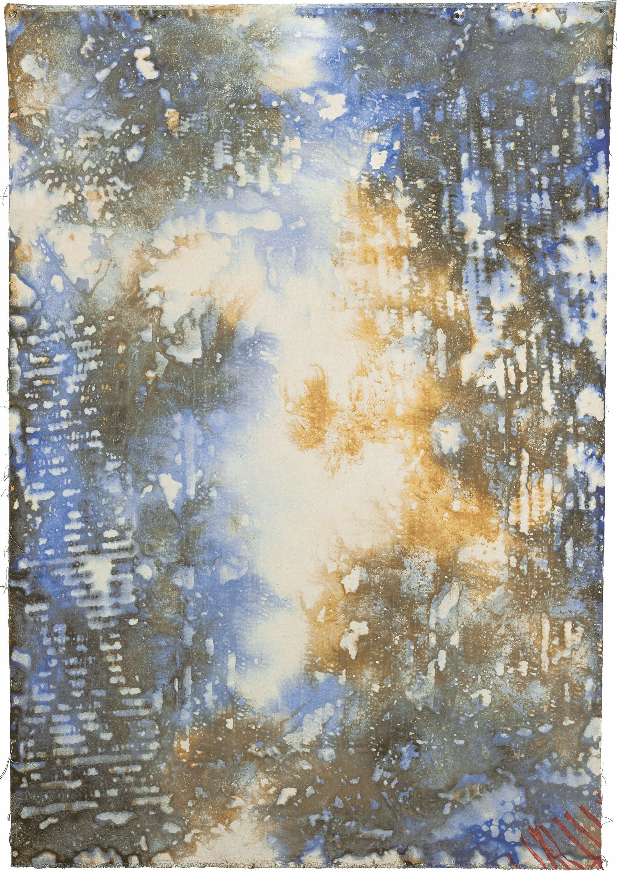 Judy Watson / Waanyi people / Australia b.1959 / water, light, reeds (wanami, mabibarr, bulinja) 2019 / Ochre, acrylic, graphite on canvas / 182 x 147cm / Courtesy: Steve and Jane Wilson, Brisbane / Photograph: Carl Warner