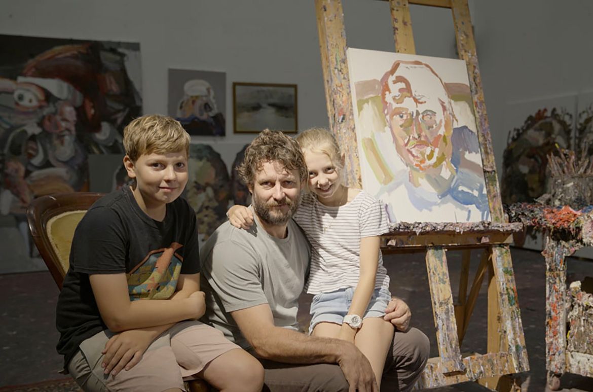 Ben Quilty in his studio with Joe and Olivia / Photograph: Jeremy Virag
