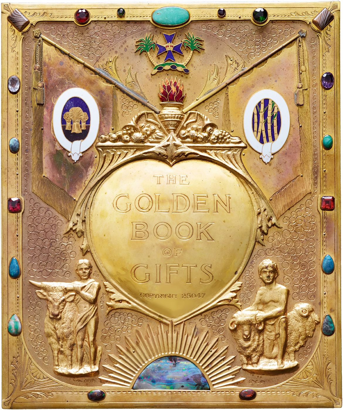 Book cover, The Golden Book of Gifts c. 1934 / W. Harvey (Australia), goldsmith / Queensland Art Gallery, Commissioner / Brass, bronze, semiprecious stones, enamel / 40 x 40 x 13cm / The Mitchell Wolfson, Jr. Collection, 85.2.122 / The Wolfsonian–Florida International University, Miami Beach Florida / Photograph: Lynton Gardiner