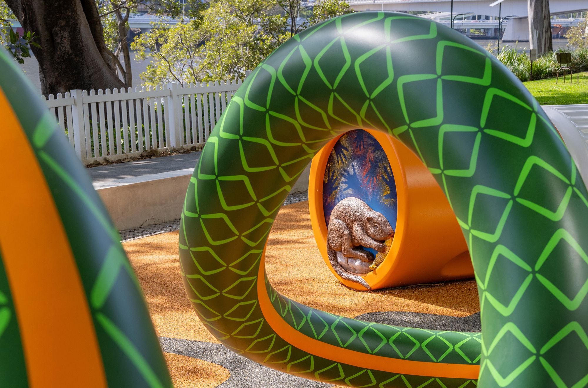 Tony Albert, Girramay/Yidinyji/Kuku Yalanji peoples, Australia b.1981 / Nell, Australia b.1975 / The Big Hose (detail) 2022–25 / Aluminium, reclaimed hardwood, paint, rubber / Commissioned 2022. This project has been realised with generous support from Andrew and Dr Susan King, the Neilson Foundation, Margaret Mittelheuser AM and Cathryn Mittelheuser AM, Gina Fairfax AC, Dr Shirley Hsieh, and the 2022 QAGOMA Foundation Appeal / Collection: Queensland Art Gallery | Gallery of Modern Art / © Tony Albert and Nell / Photograph: N Umek © QAGOMA