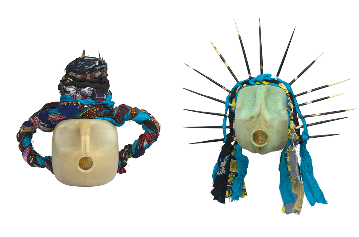 Romuald Hazoumé, Benin b.1962 / Left Liberte 2009 / Plastic, porcupine quills and fabric / 50 x 43 x 25cm / Purchased 2010 with a special allocation from the Queensland Art Gallery Foundation / Right: Liberte 2009 / Plastic, porcupine quills and fabric / 50 x 43 x 25cm / Purchased 2010 with a special allocation from the QAG Foundation / Collection: Queensland Art Gallery | Gallery of Modern Art / © Romuald Hazoume/ADAGP/Copyright Agency