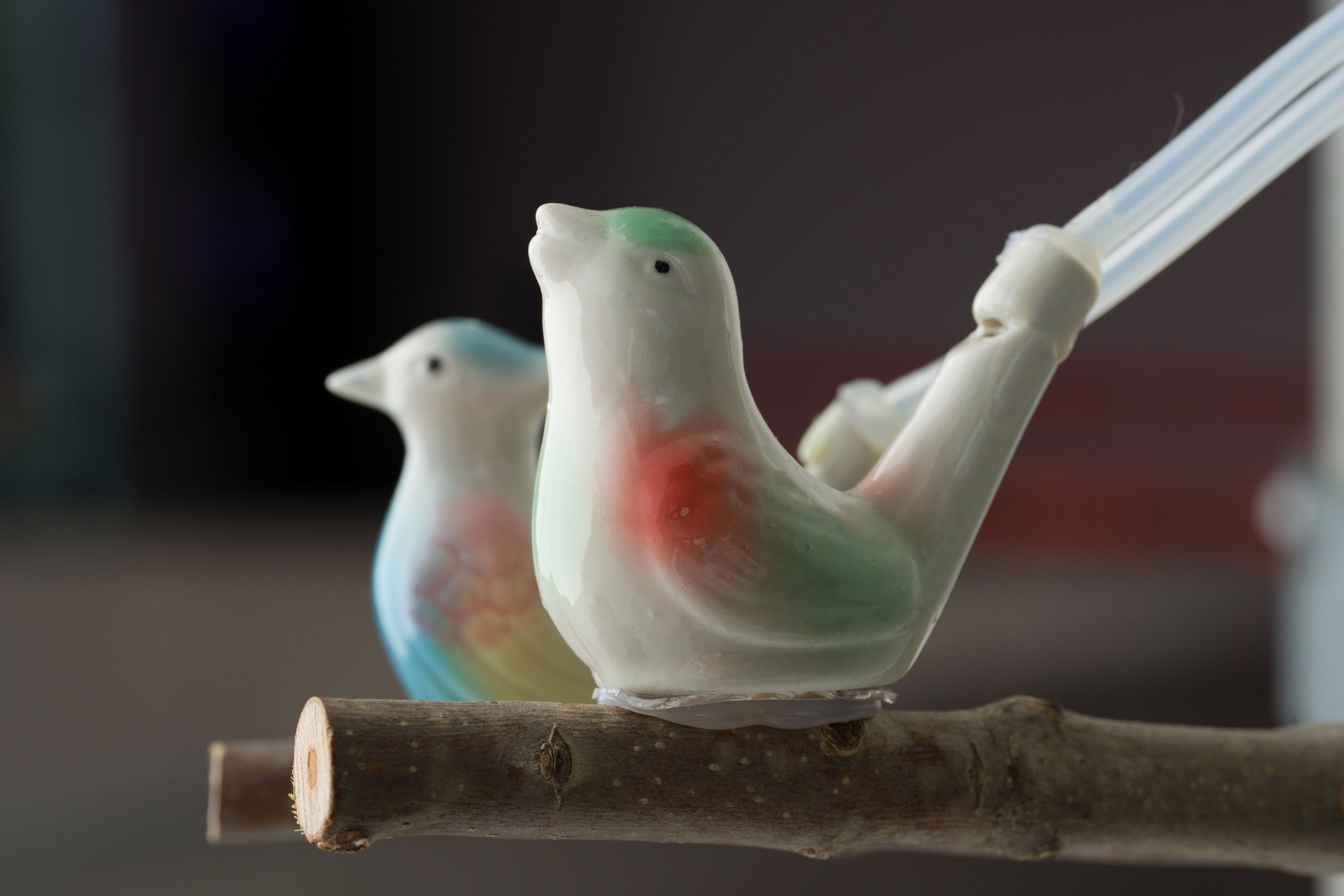 Tully Arnot / Australia b.1984 / Bird Song 2024 / Ceramic, plastic, wood, metal, pumps, microcontrollers and air / 10 pieces: 10 x 5 x 30cm (each, approx.) / Courtesy and © Tully Arnot / Photograph: Matthew Stanton / Image courtesy: The artist
