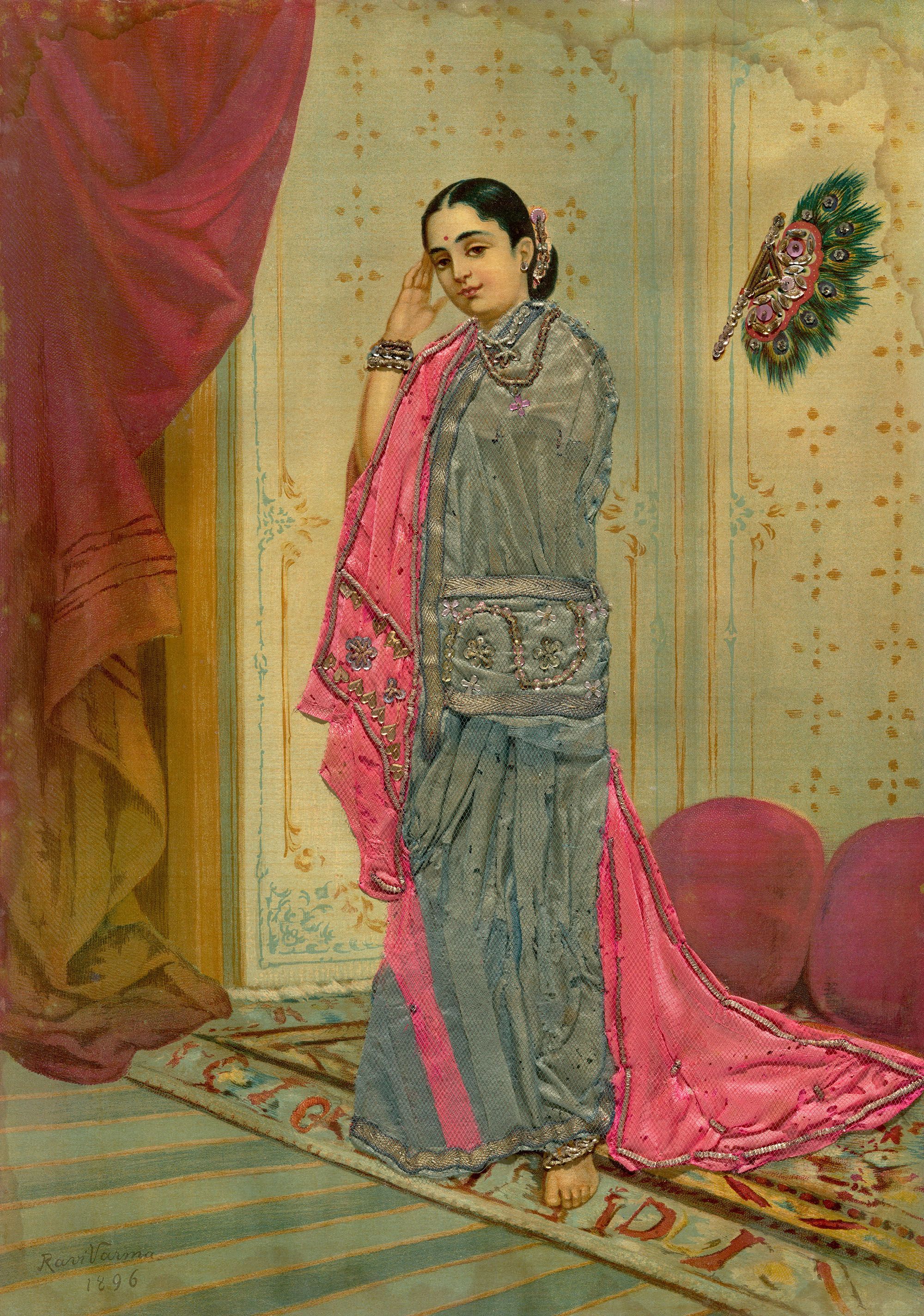 Raja Ravi Varma, India 1848–1906 / Raja Ravi Press / Vasantasena early 20th century / Oleograph with fabric and zardosi embroidery / 50.8 x 35.5cm / Purchased 2024 with funds from the Henry and Amanda Bartlett Trust through the QAGOMA Foundation / Collection: Queensland Art Gallery | Gallery of Modern Art